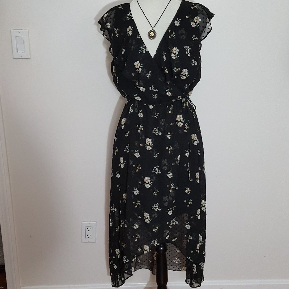 Soprano Black Floral X Cross Ruffle Hi-Lo Dress L